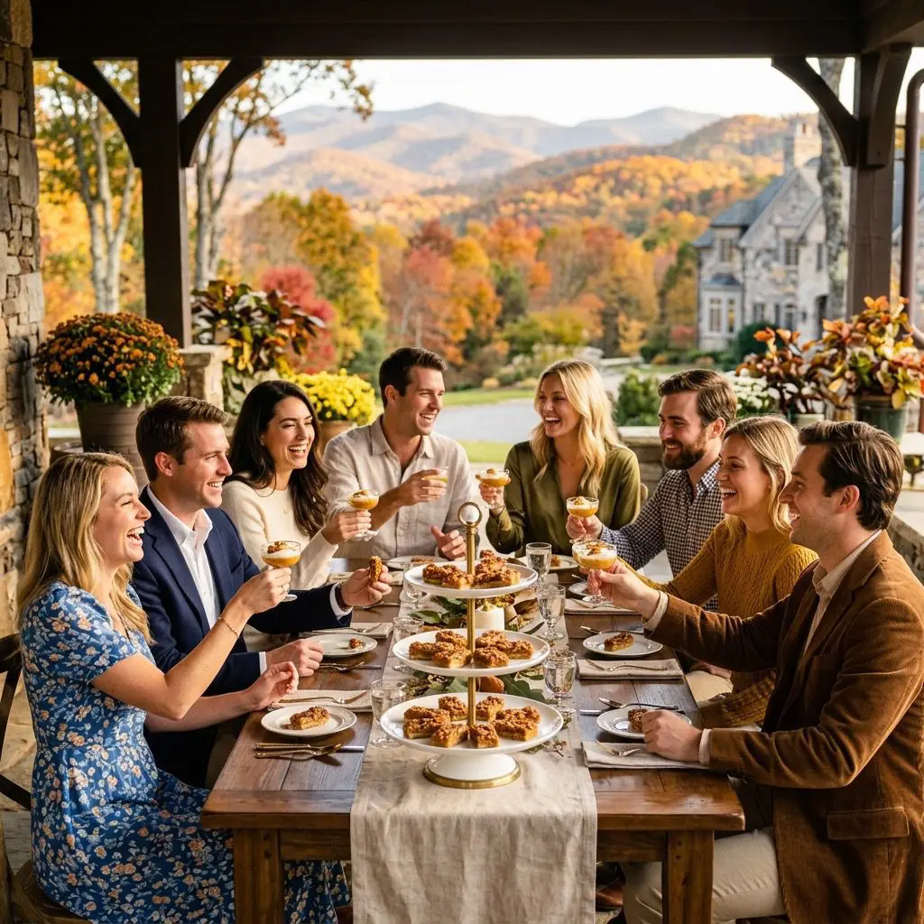 Exactly eight young adult guests enjoying dessert, laughing, and sharing delicious golden maple pecan bars from a tiered stand on a sun-drenched veranda of an estate overlooking a North Carolina mountain autumn landscape.
