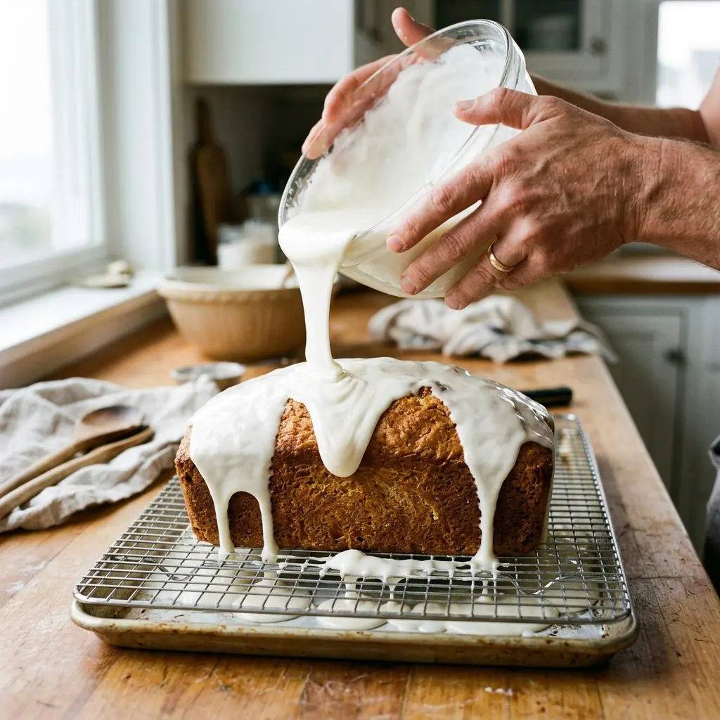 A cook's bare hands pouring a thick, stark white vanilla buttermilk glaze out of a glass bowl, completely drowning a golden baked sweet loaf. The thick glaze cascades rapidly down the crust, creating pooling ribbons on the wire rack below.