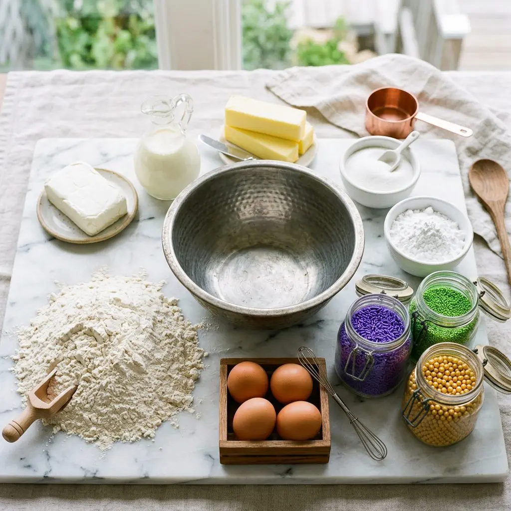 Ingredients arranged: a massive mound of unbleached bread flour, a block of stark white cream cheese, a glass cruet of buttermilk, vibrant yellow butter, raw eggs, small bowls of white granulated sugar, stark white confectioners' sugar, and large heavy jars of vivid purple, bright green, and stark gold sprinkles surrounding a heavy metal mixing bowl on a marble prep board.