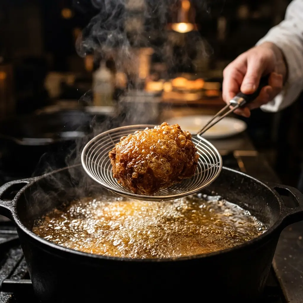 Extreme close-up action shot using a wire spider strainer to carefully lift a perfectly fried, deeply golden, bubbling mashed potato croquette out of a pot of hot, shimmering oil