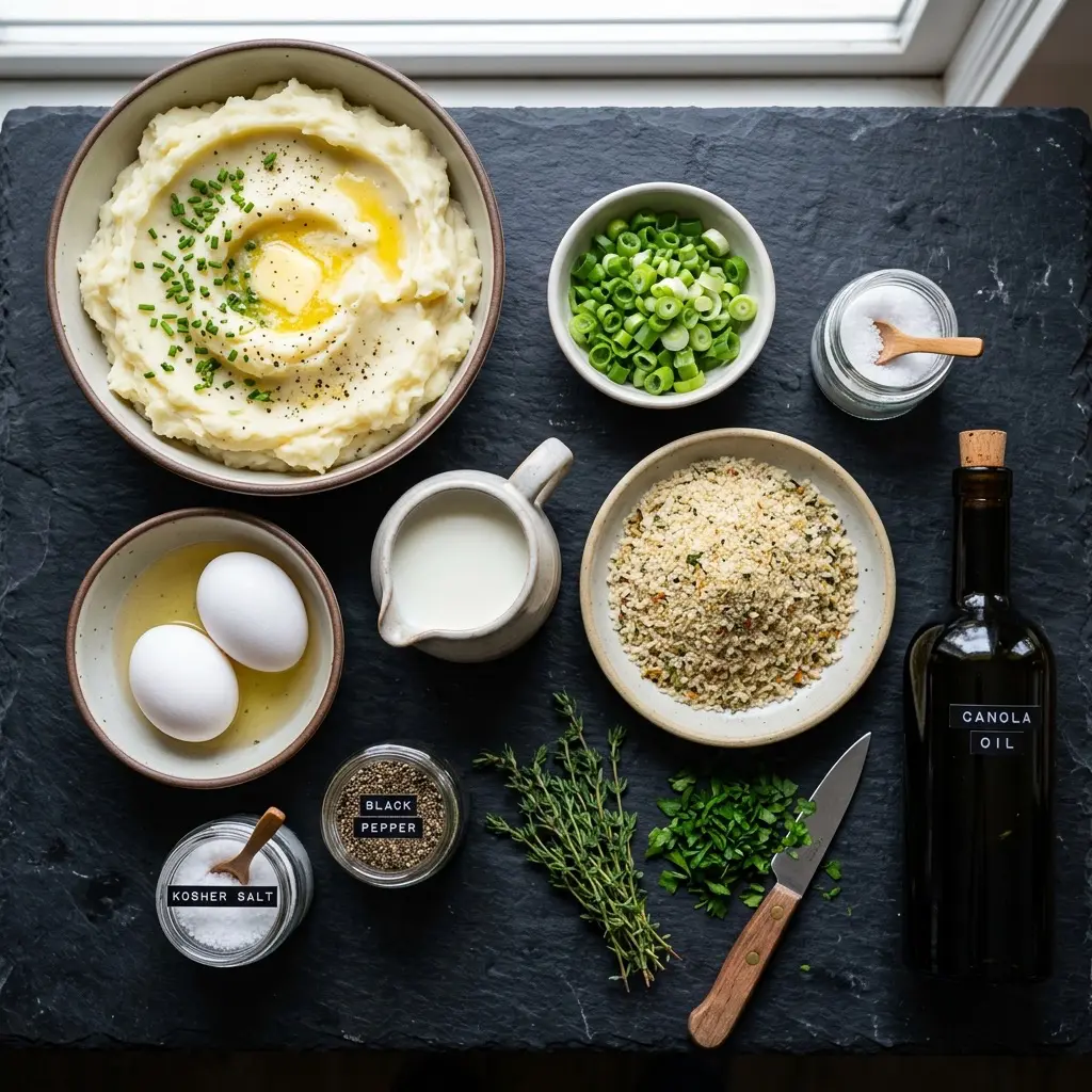 Overhead prep shot of fresh ingredients for mashed potato croquettes, including a large bowl of creamy mashed potatoes, eggs, milk, sliced green onions, breadcrumbs, spices, herbs, and canola oil