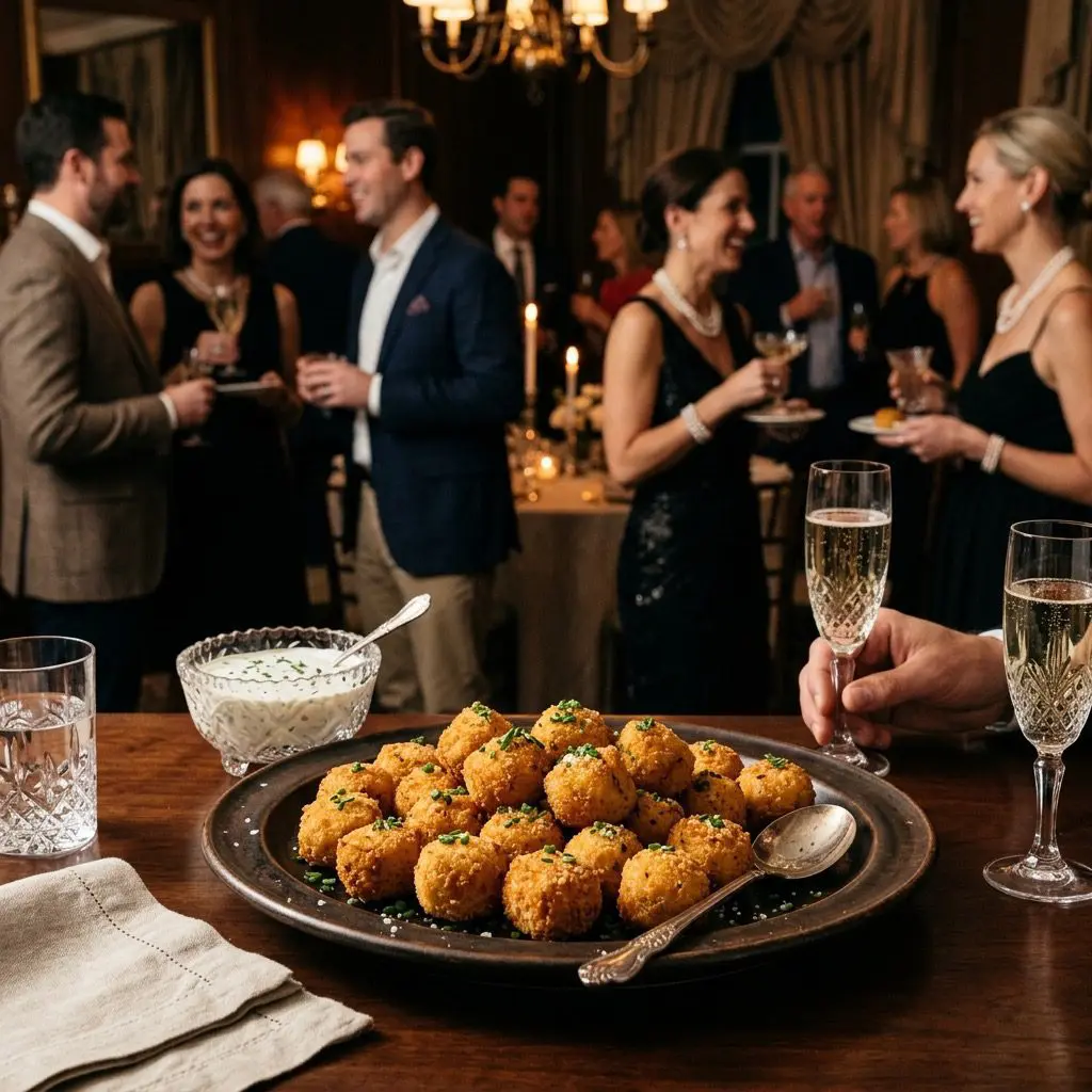 An elegant, formal cocktail hour setting featuring a platter of golden Mashed Potato Croquettes, with a sophisticated gathering in the background