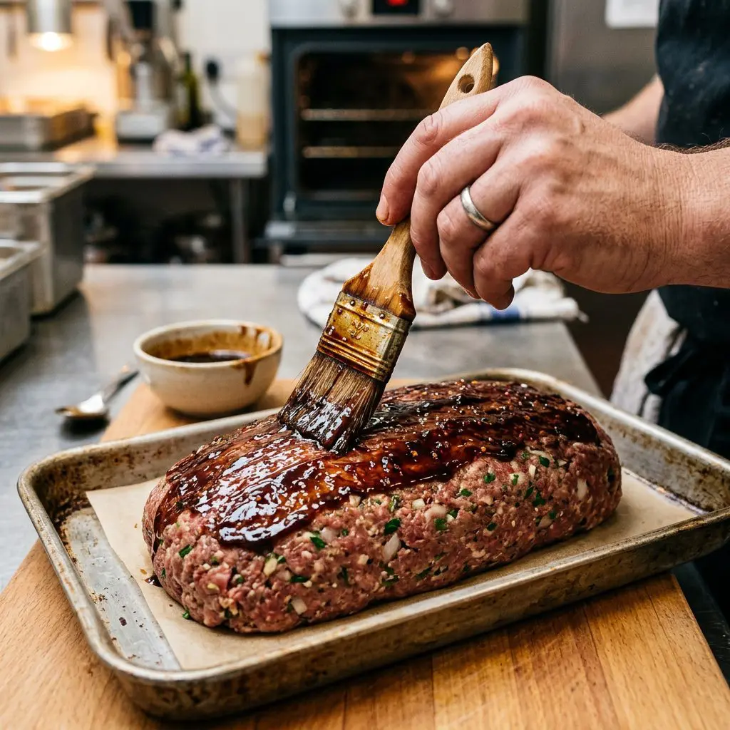 A cook's hand using a pastry brush to thickly glaze a raw, formed meatloaf with a dark, glossy, sticky balsamic and chili sauce mixture just before it goes into the oven.