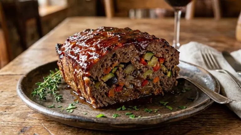 Stunning plated serving of Meat Loaf with Roasted Veggies and a Balsamic Glaze, a chef-tested recipe by Chef Jorj Morgan.