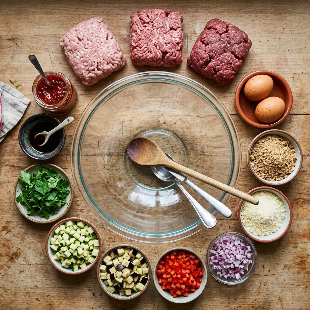 Ingredients arranged for meatloaf: three raw ground meat blends (pork, chuck, sirloin), finely diced raw zucchini, diced eggplant, diced red bell peppers, diced red onion, two whole eggs, coarse whole grain breadcrumbs, grated parmesan cheese, fresh parsley, a small bowl of balsamic vinegar, and chili sauce arranged around a heavy glass mixing bowl.