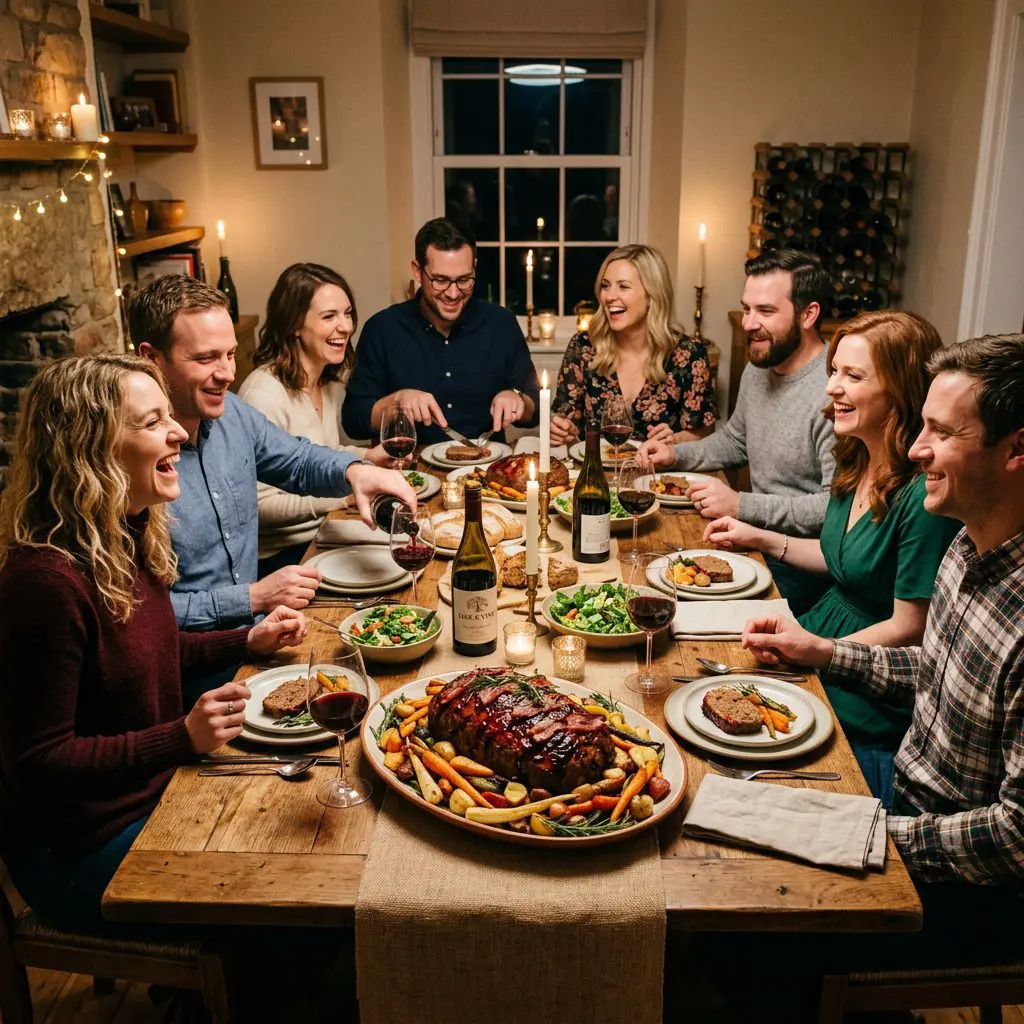 8 guests gathered around the table laughing, eating, and drinking red wine, with a massive rustic platter holding a beautiful whole glazed meatloaf surrounded by roasted vegetables anchoring the center of the joyful feast.
