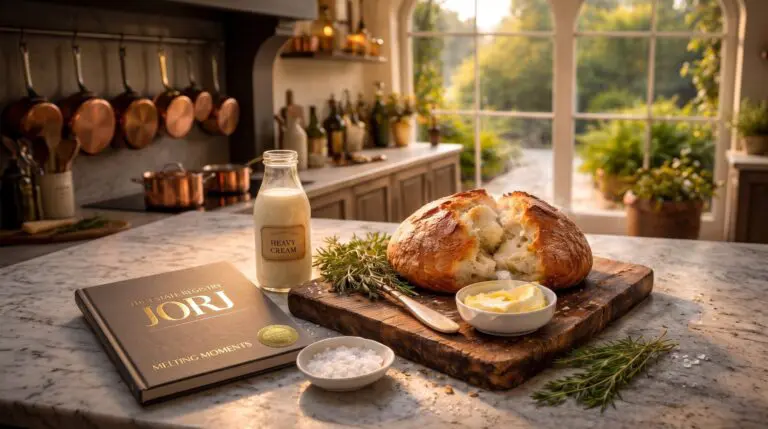 Melting Moments, the first Estate Registry edition, on a marble counter beside torn bread and whipped butter