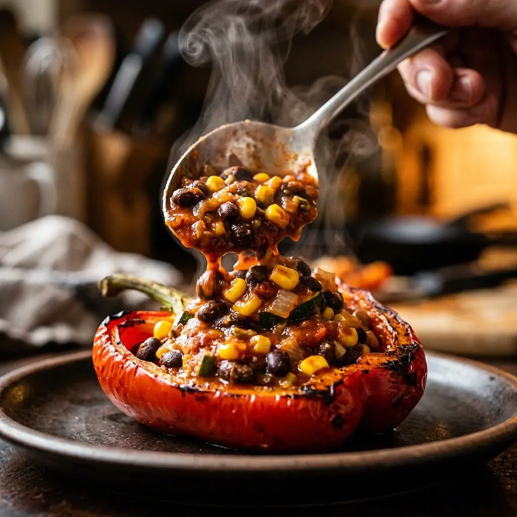 Extreme close-up action shot spooning a thick, steaming mixture of black beans, corn, zucchini, and rich red enchilada sauce into a vibrant roasted bell pepper half