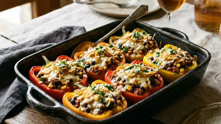 Stunning plated serving of Mexican-Style Stuffed Bell Peppers, a chef-tested recipe by Chef Jorj Morgan.