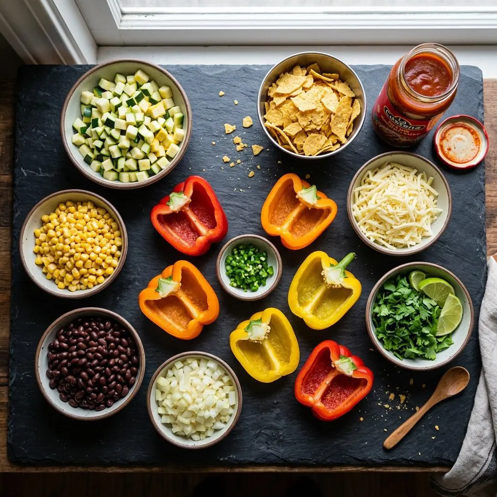 Overhead prep shot of fresh ingredients for stuffed bell peppers, including vibrant pepper halves, zucchini, corn, black beans, jalapeño, cheese, and enchilada sauce