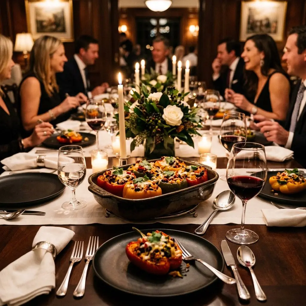 An elegant, formal dinner table setting featuring a baking dish of colorful Mexican-Style Stuffed Bell Peppers, with a dinner party in the background