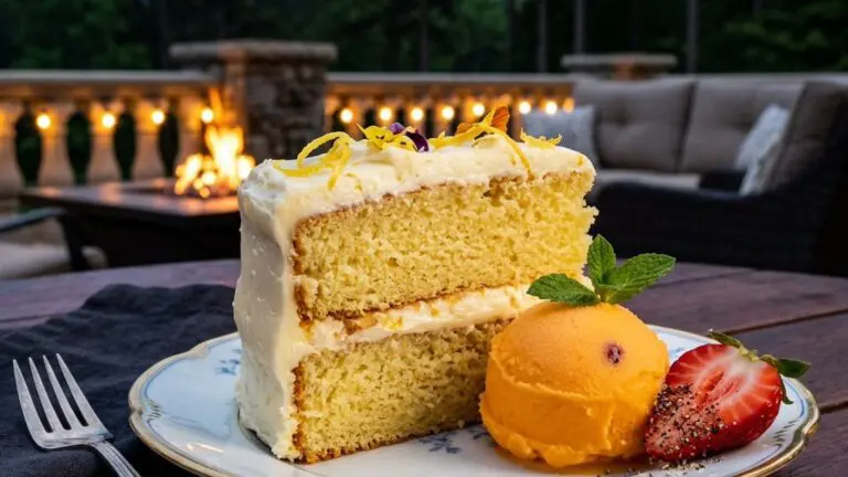 Stunning plated serving of Meyer Lemon Layer Cake with Orange Sherbet and Peppered Strawberries, a chef-tested recipe by Chef Jorj Morgan.