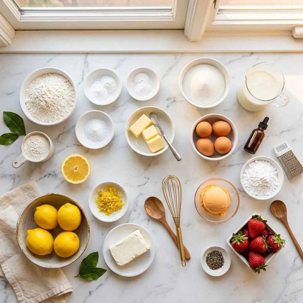 The raw ingredients (mise en place) for a Meyer lemon layer cake and cream cheese frosting, styled on a dark mahogany estate table. Organized in crystal and white porcelain bowls are: unbleached all-purpose flour, baking powder, baking soda, kosher salt, room-temperature butter sticks, granulated sugar, fresh eggs, vanilla extract, a pitcher of buttermilk, fresh whole Meyer lemons with their bright yellow zest and squeezed juice, cream cheese packages, confectioners' sugar, orange sherbet, and fresh strawberries, cut and dipped in coarse black pepper.