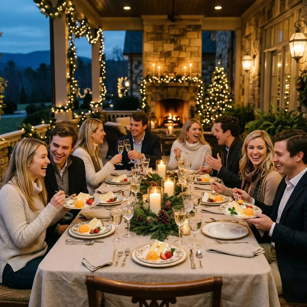 Exactly eight young adult guests laughing and enjoying dessert together around a beautiful holiday table on a North Carolina Estate veranda, decorated with soft twinkling holiday lights during a crisp, magical winter twilight.