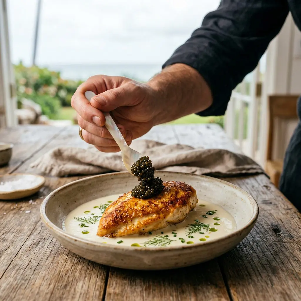 A cook's hand using a delicate mother-of-pearl spoon to carefully place a shimmering mound of dark caviar directly onto the center of a golden, crispy chicken breast that is resting in a creamy sauce.