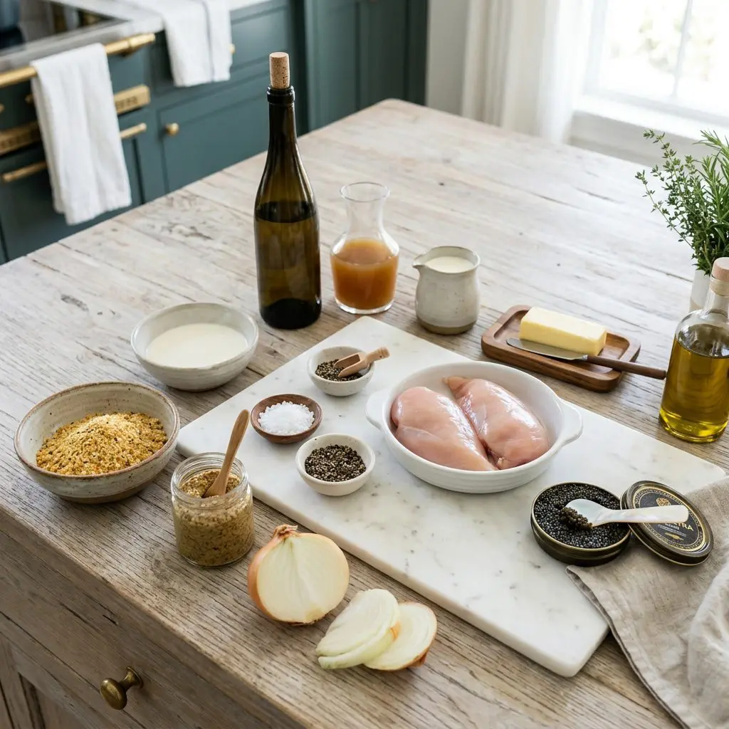 Ingredients arranged: raw chicken breasts, Dijon mustard, seasoned breadcrumbs, a yellow onion, dry white wine, chicken stock, heavy cream, butter, olive oil, salt, pepper, and a small tin of dark caviar with a mother-of-pearl spoon around a marble prep board.
