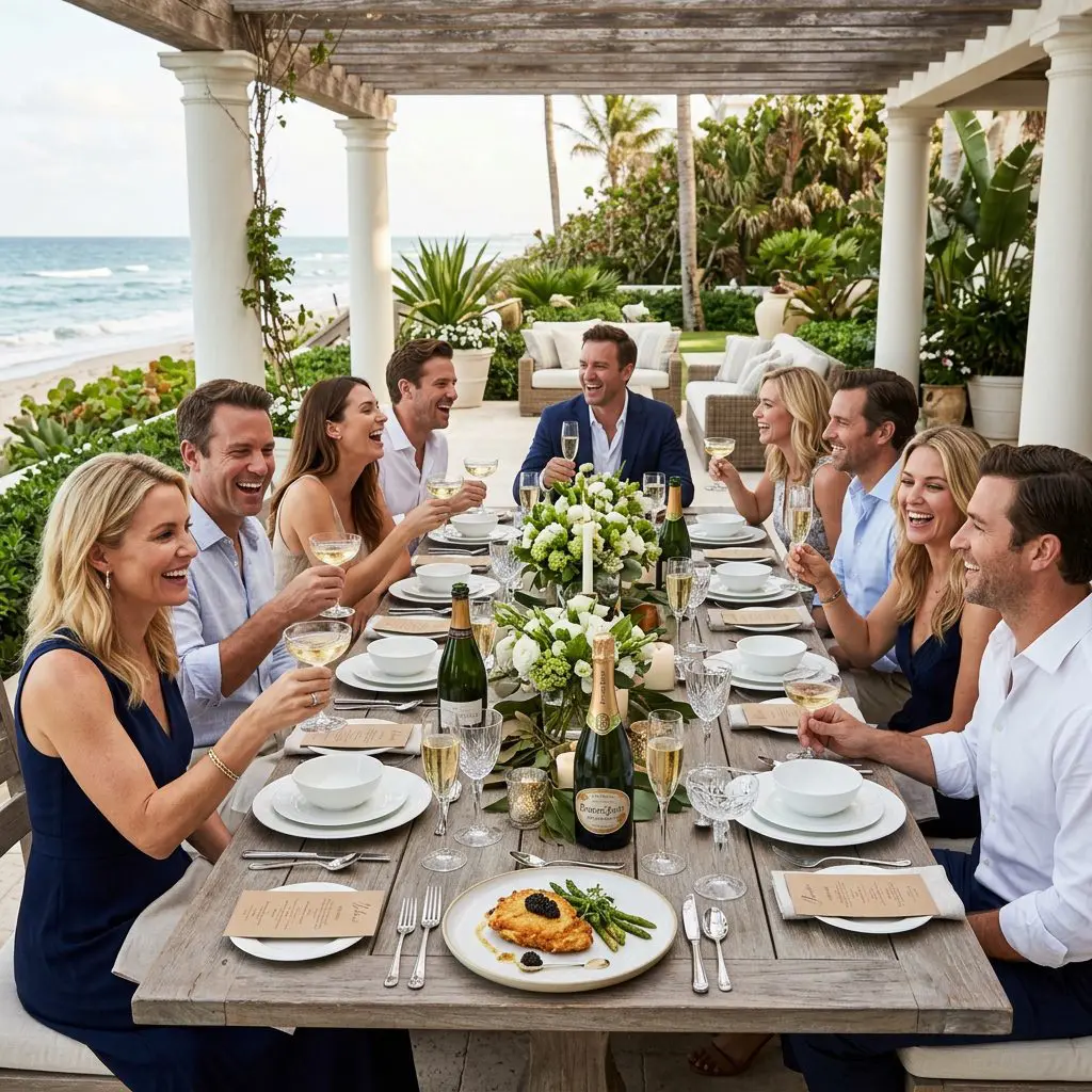 8 guests gathered around the table laughing, eating, and drinking Champagne in a Palm Beach Estate dining patio with ocean views. An individual plate of golden Millionaires' Chicken topped with caviar sits in front of the closest guest.