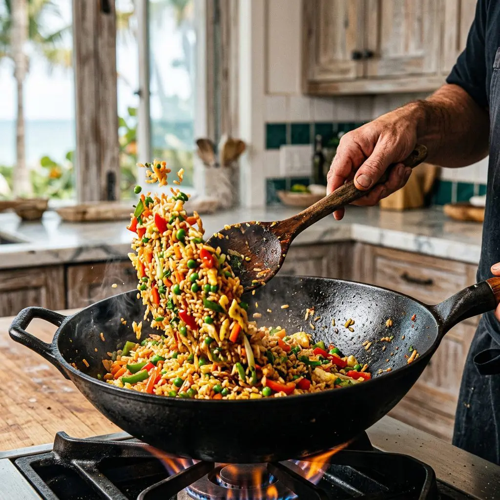 A cook's hand using a rustic wooden spoon to toss a massive mound of steaming, vibrant vegetable fried rice studded with bright peas, carrots, and scrambled eggs in a roaring hot, heavy cast-iron wok.