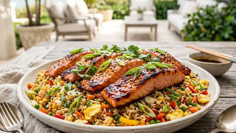 Stunning plated serving of Miso-Roasted Salmon over Veggie Fried Rice, a chef-tested recipe by Chef Jorj Morgan.