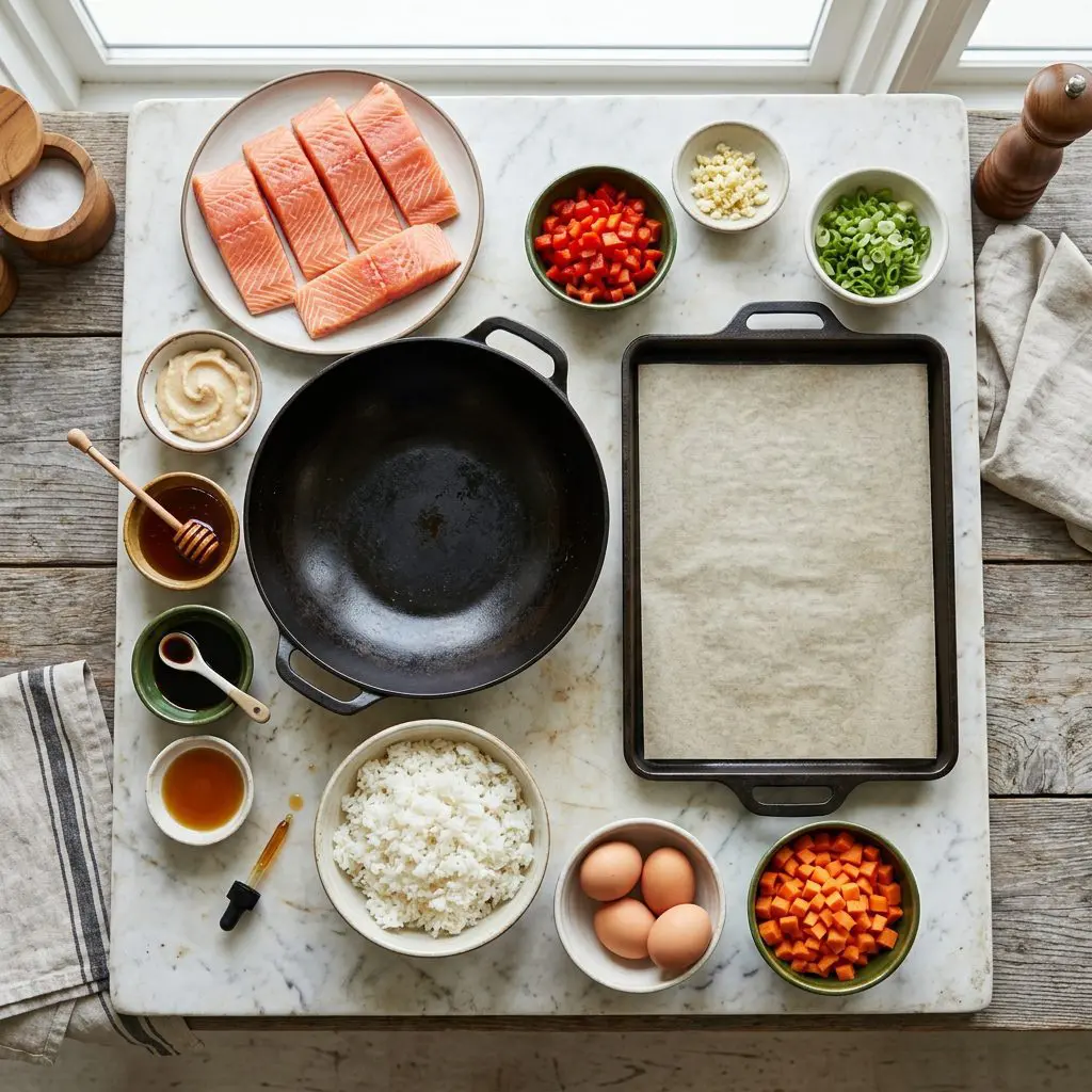 Ingredients arranged: six thick raw salmon fillets, bowls of thick white miso paste, dark honey, soy sauce, toasted sesame oil, mounds of cooked white rice, fresh eggs, diced carrots, diced red bell peppers, minced garlic, and sliced green onions around a heavy wok and a sheet pan on a marble prep board.