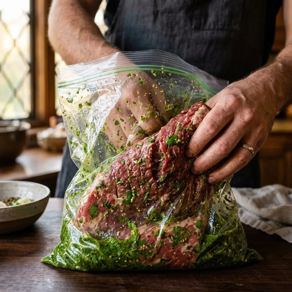A thick, raw flank steak being vigorously massaged by a cook's hands inside a large, clear resealable plastic bag filled with a bright green, thick cilantro marinade, pressing the vibrant liquid into the meat.