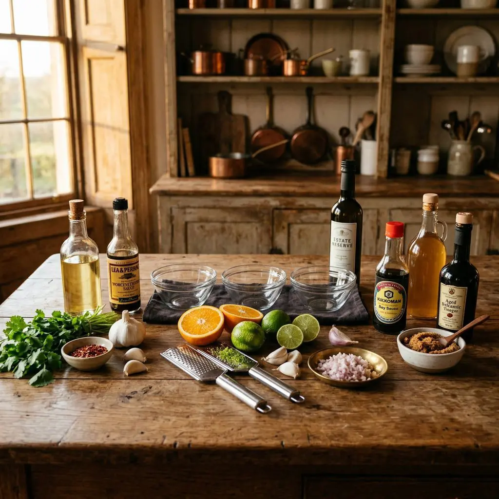 Raw ingredients for three distinct steak marinades arranged: a bottle of vegetable oil, Worcestershire sauce, minced shallots, whole garlic cloves, cayenne pepper, bunches of fresh cilantro, fresh oranges and limes with graters, olive oil, soy sauce, apple cider vinegar, balsamic vinegar, and a bowl of dark brown sugar, arranged around three small empty glass bowls.