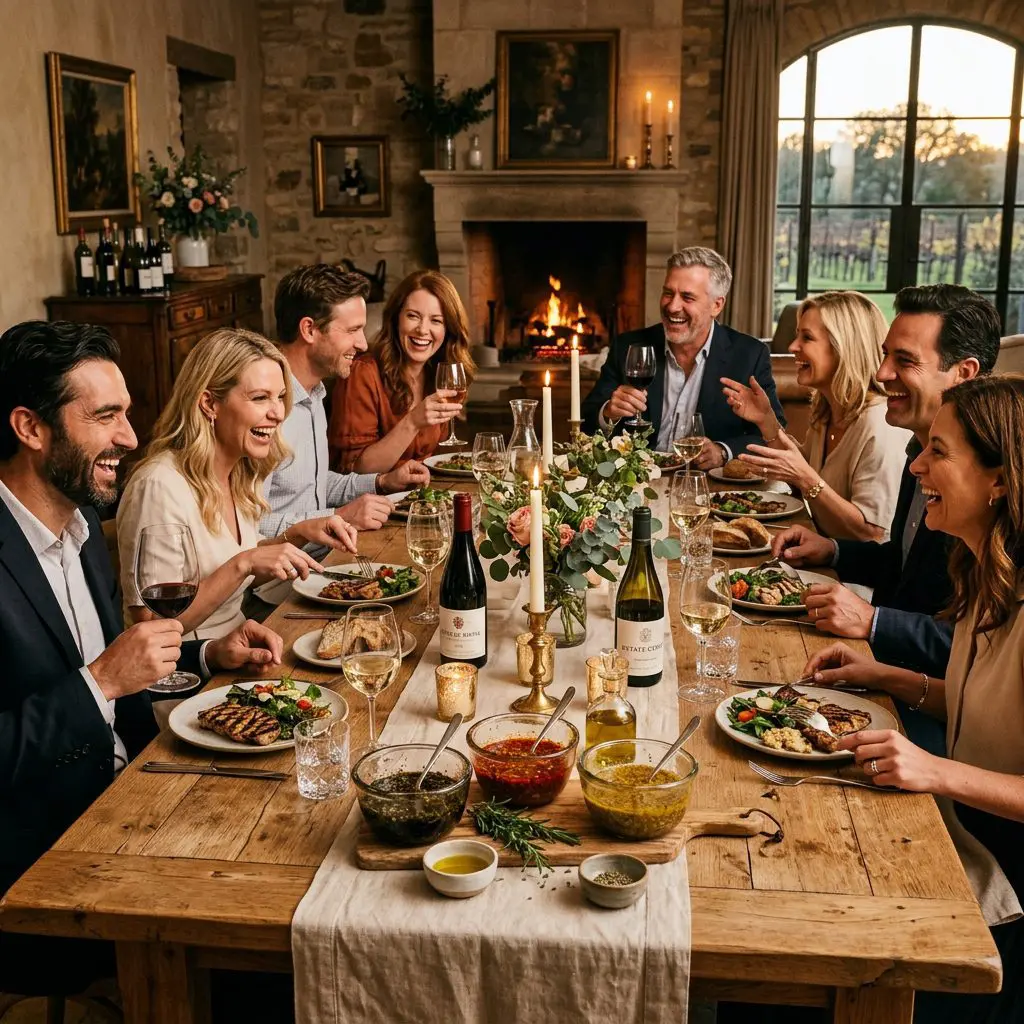 8 guests gathered around the table laughing, eating, and drinking wine, with three rustic glass bowls containing different vibrant meat marinades placed in the center as the anchor.