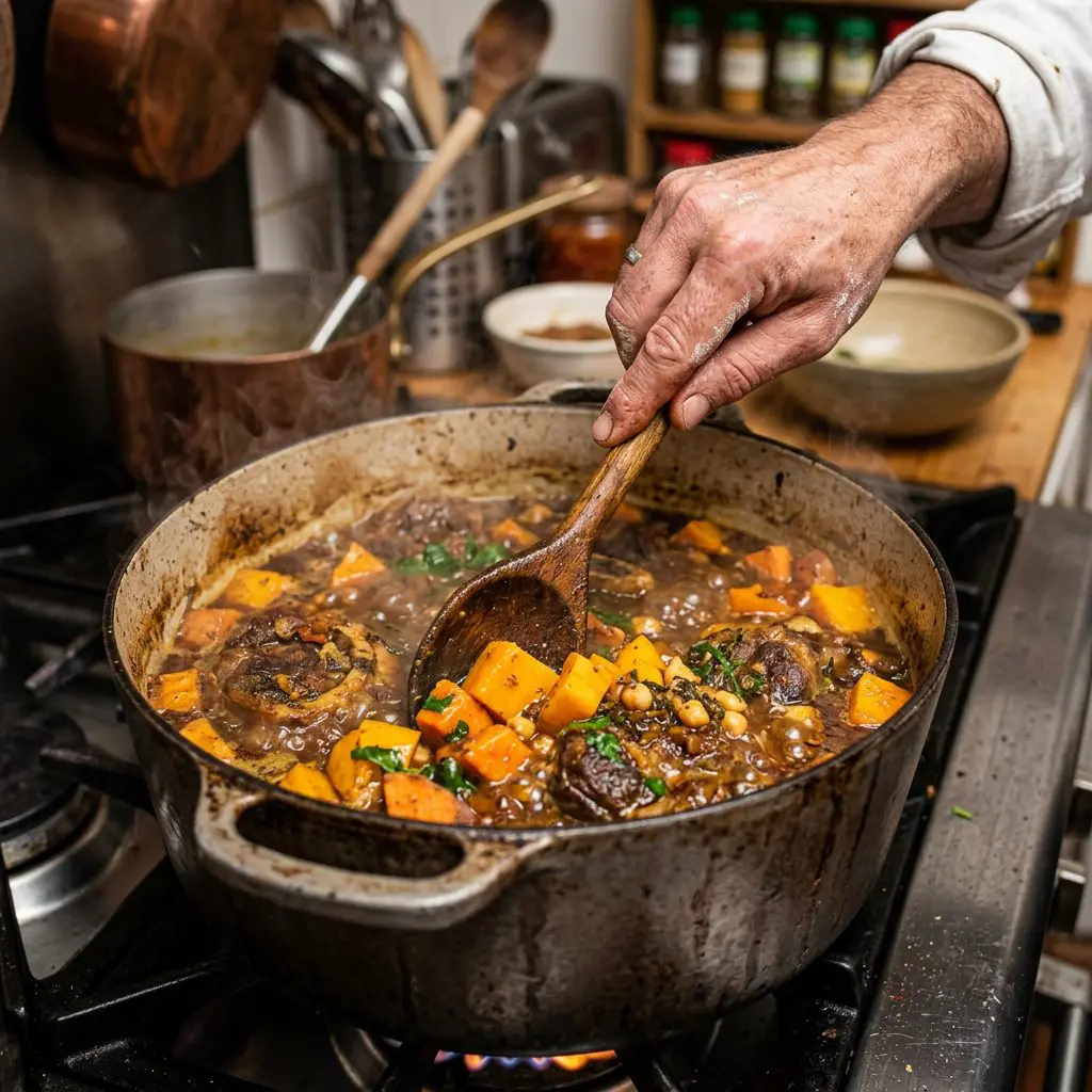 A cook's hand using a heavy wooden spoon to stir a large cast-iron Dutch oven filled with browned, steaming veal shanks simmering in a rich, dark Moroccan spiced broth with vibrant chunks of butternut squash and sweet potato.