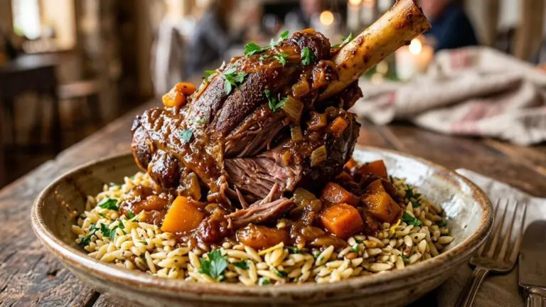 Stunning plated serving of Moroccan Spiced Braised Veal Shanks with Toasted Orzo, a chef-tested recipe by Chef Jorj Morgan.