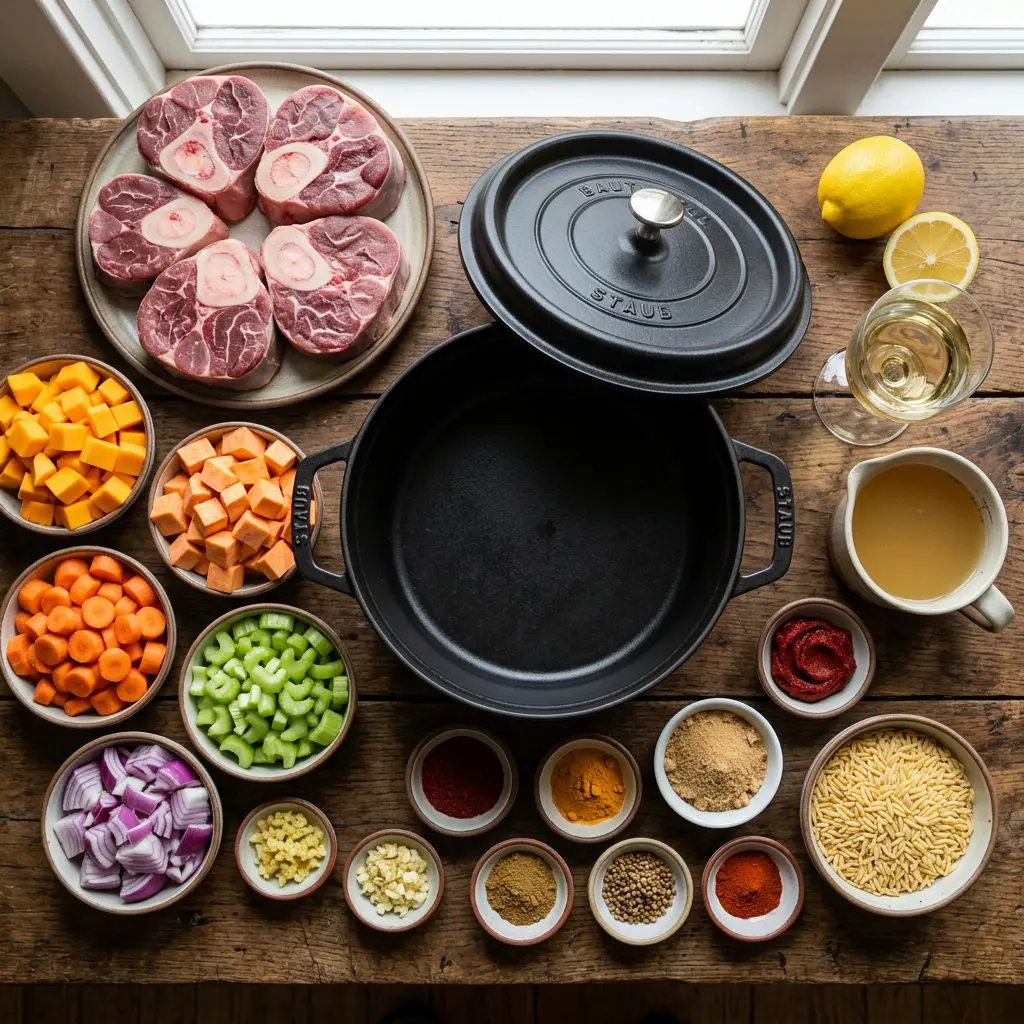 Ingredients arranged: six raw, thick bone-in veal shanks, diced butternut squash, diced sweet potatoes, chopped carrots, celery, onions, ginger, garlic, small bowls of chili powder, turmeric, cumin, coriander, hot paprika, brown sugar, a lemon, a glass of white wine, chicken broth, tomato paste, and a bowl of dry orzo pasta arranged around a heavy cast-iron Dutch oven.
