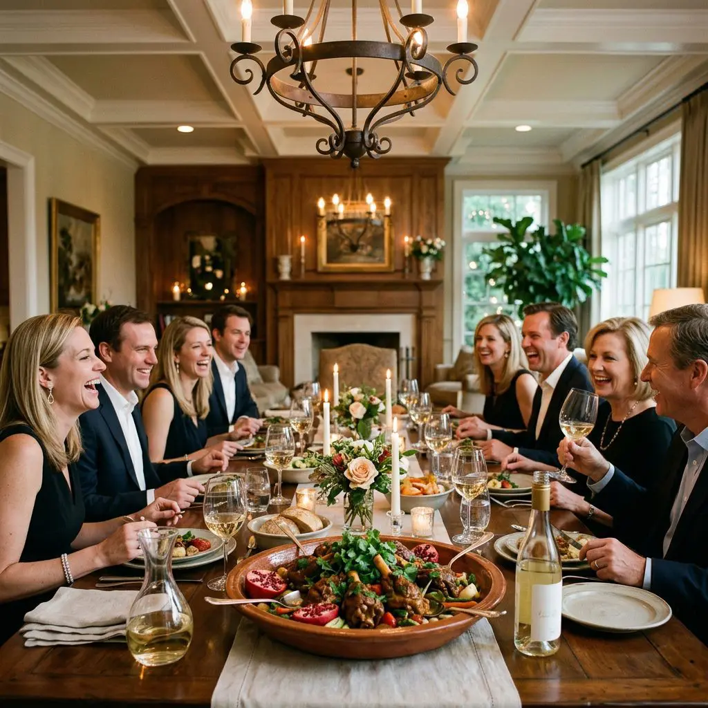 8 guests gathered around the table laughing, eating, and drinking white wine in a North Carolina Estate dining room, with a massive rustic platter holding Moroccan Spiced Braised Veal Shanks anchoring the center of the joyful feast.