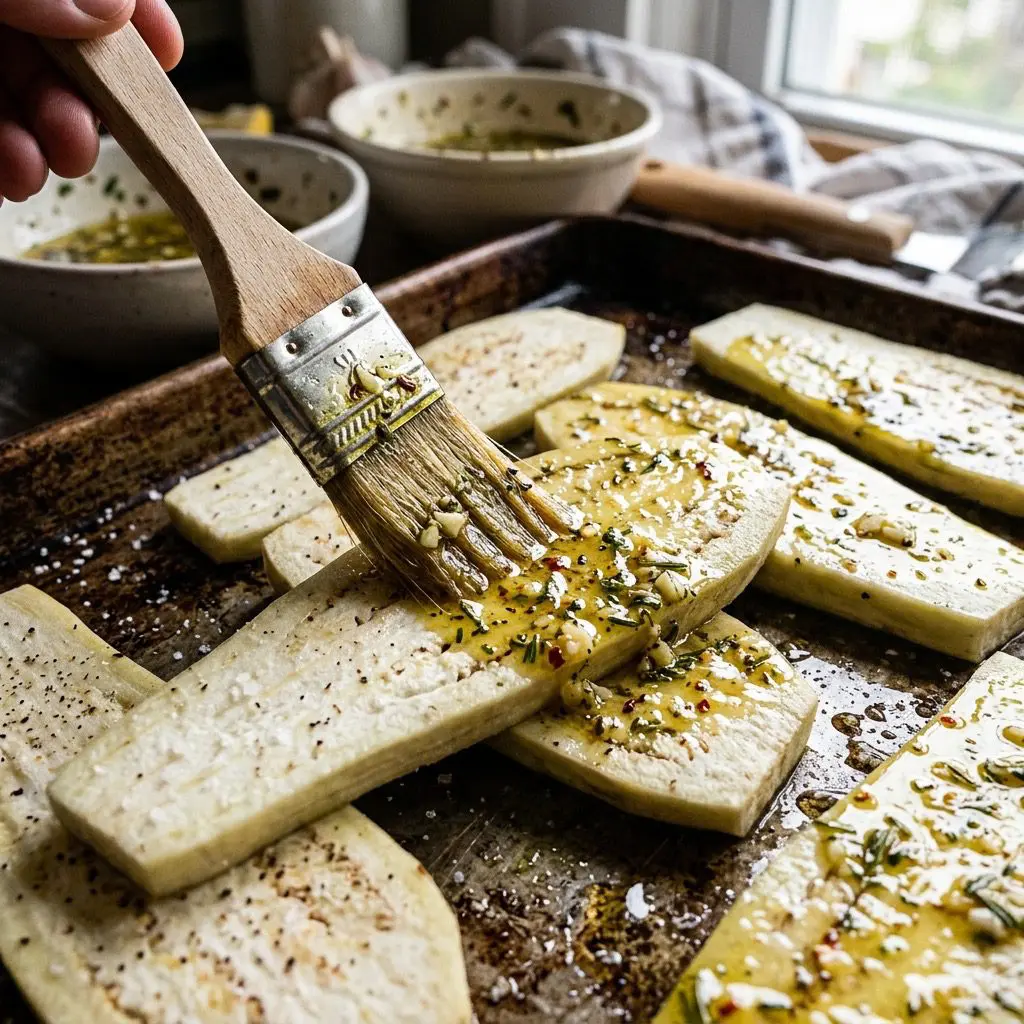 Extreme close-up action shot spreading rich béchamel sauce over a layered moussaka casserole