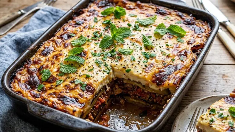 Stunning plated serving of Moussaka Casserole, a chef-tested recipe by Chef Jorj Morgan.