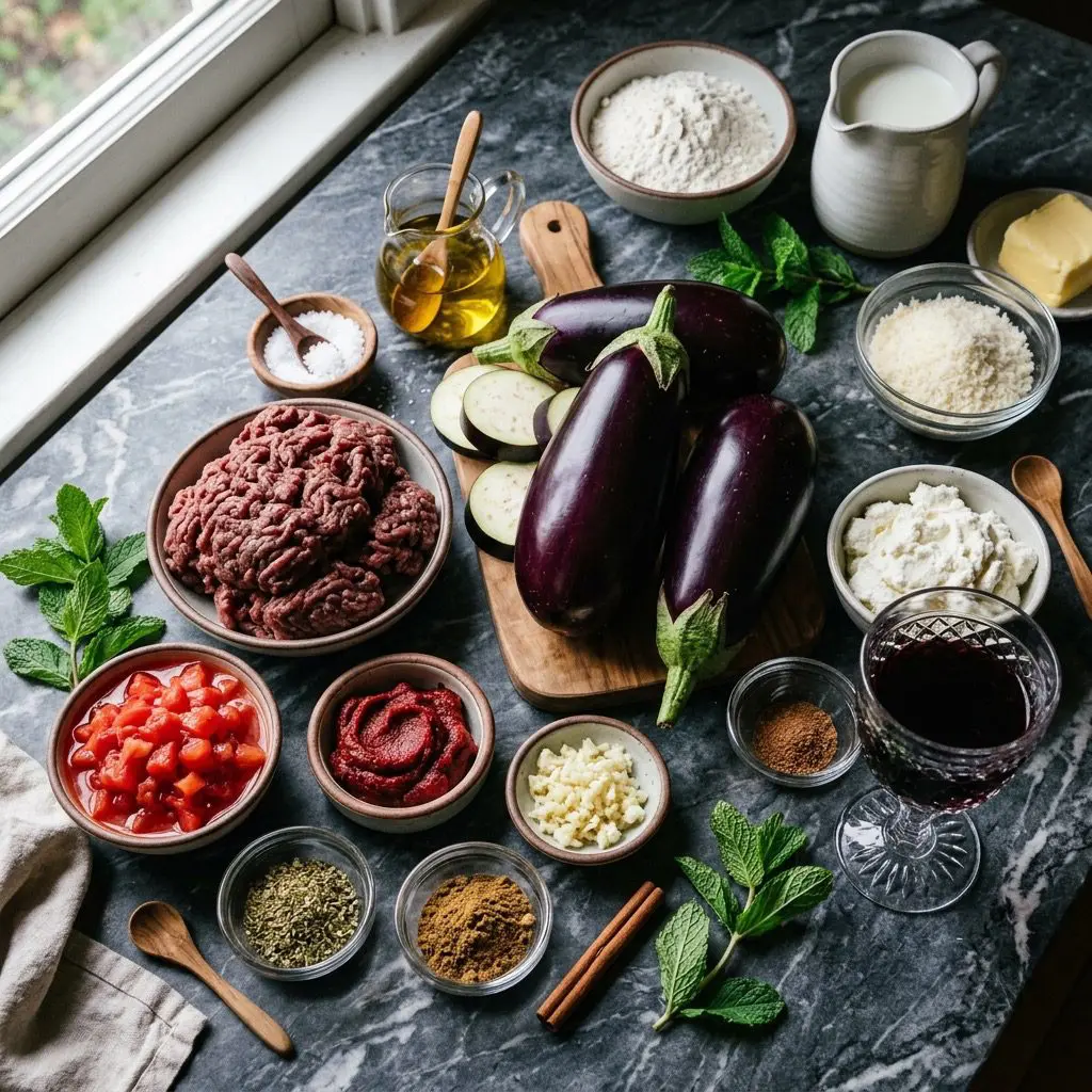 Overhead prep shot of eggplants, ground lamb, ricotta cheese, milk, red wine, diced tomatoes, yellow onion, carrots, garlic, butter, flour, spices, and fresh mint