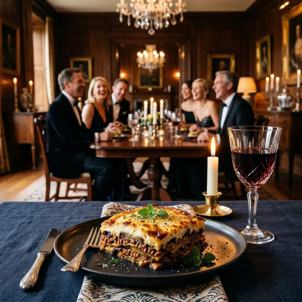 An elegant, formal dinner table setting featuring Moussaka Casserole, with a dinner party in the background