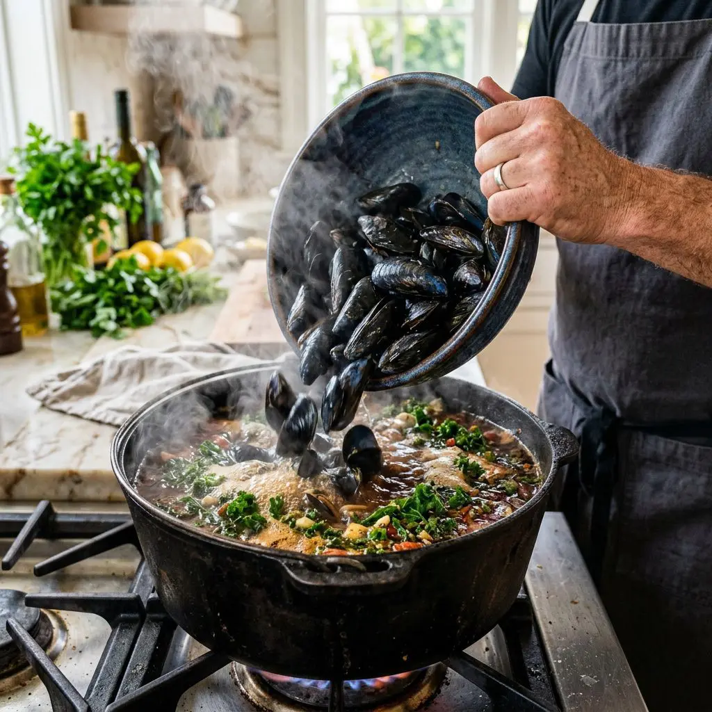 A cook's hand dumping a massive bowl of raw dark blue mussels into a boiling, fiercely steaming cast-iron pot filled with dark reddish-brown ginger-garlic and tomato broth flecked with bright green kale.