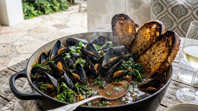 Stunning plated serving of Mussels in Ginger-Garlic Broth with Crusty Bread, a chef-tested recipe by Chef Jorj Morgan.
