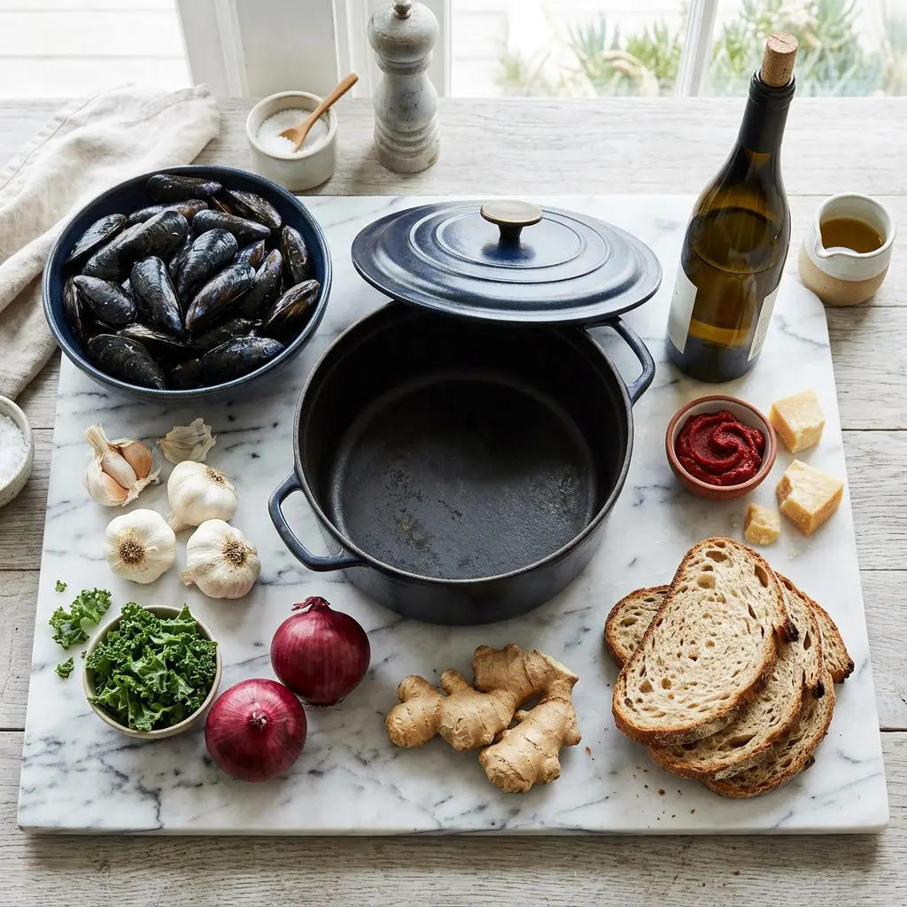 Ingredients arranged: a huge bowl of massive raw dark blue mussels, thick slices of rustic bread, deep red tomato paste, huge knobs of fresh ginger, vibrant red onions, whole garlic bulbs, a bottle of crisp white wine, bright green kale leaves, olive oil, and chunks of sharp Parmesan cheese around a heavy cast-iron pot on a marble prep board.