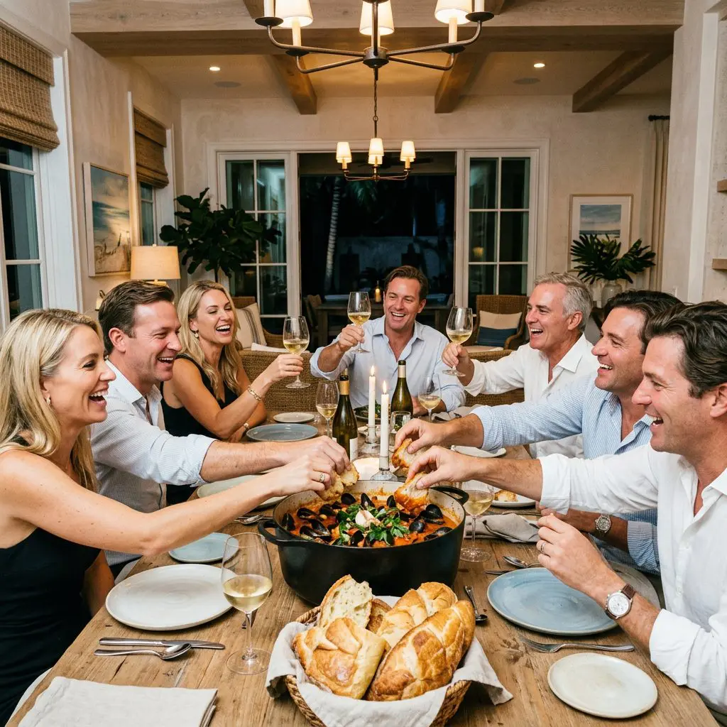 8 guests gathered tightly around a rustic dining table, laughing loudly, tearing apart thick crusty bread to dip into broth, and drinking fiercely chilled Chablis in glasses on a Palm Beach Estate. A massive steaming cast-iron pot of mussels anchors the lively coastal dinner party.
