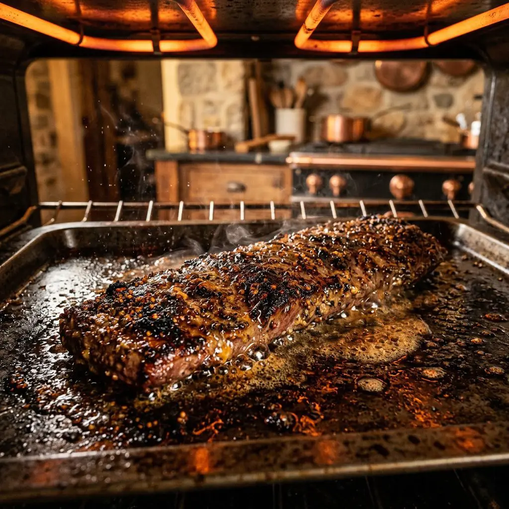 A long, marinated Mustard-Crusted Skirt Steak sizzling and bubbling, developing a browned crust under the intense heat of an oven broiler on a dark metal broiler pan.
