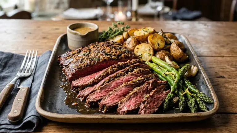 Stunning plated serving of Mustard-Crusted Broiled Skirt Steak, a chef-tested recipe by Chef Jorj Morgan.