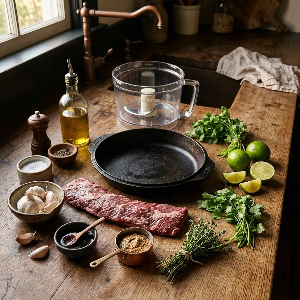 Raw ingredients for a broiled skirt steak arranged: a long, raw skirt steak, whole garlic cloves, a small bowl of soy sauce, Dijon mustard, fresh limes, fresh cilantro sprigs, fresh thyme, olive oil, kosher salt, and coarse black pepper, arranged around a food processor bowl and a dark metal broiler pan.