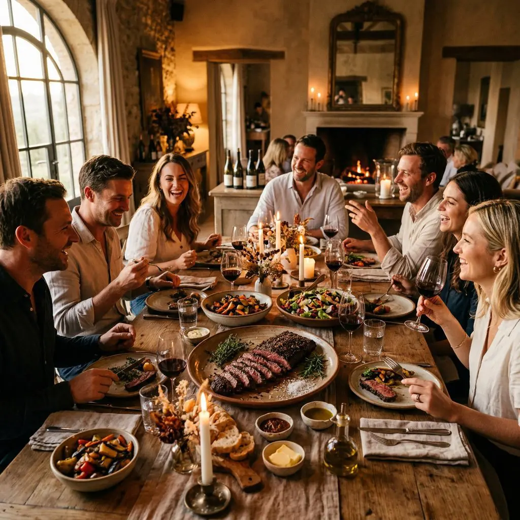 8 guests gathered around the table laughing, eating, and drinking wine, with a large rustic platter of sliced Mustard-Crusted Skirt Steak in the center as the anchor.