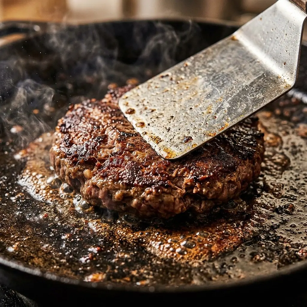 Extreme close-up action shot using a silver spatula to press and sear a thick, juicy ground beef patty sizzling on a smoking hot cast-iron skillet