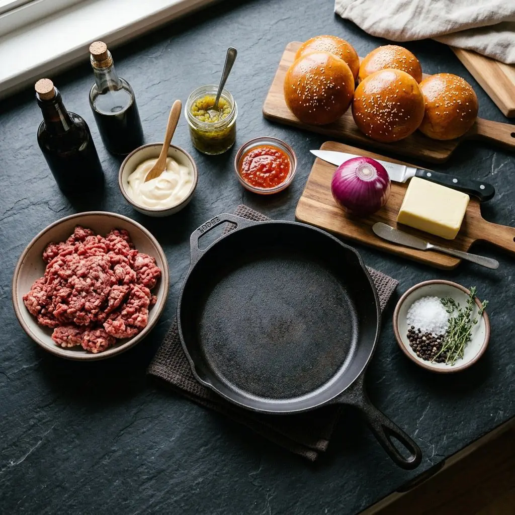 Overhead prep shot of fresh ingredients for gourmet beef burgers, including ground brisket and short rib, sauces, onions, brioche buns, and spices arranged around a cast-iron skillet