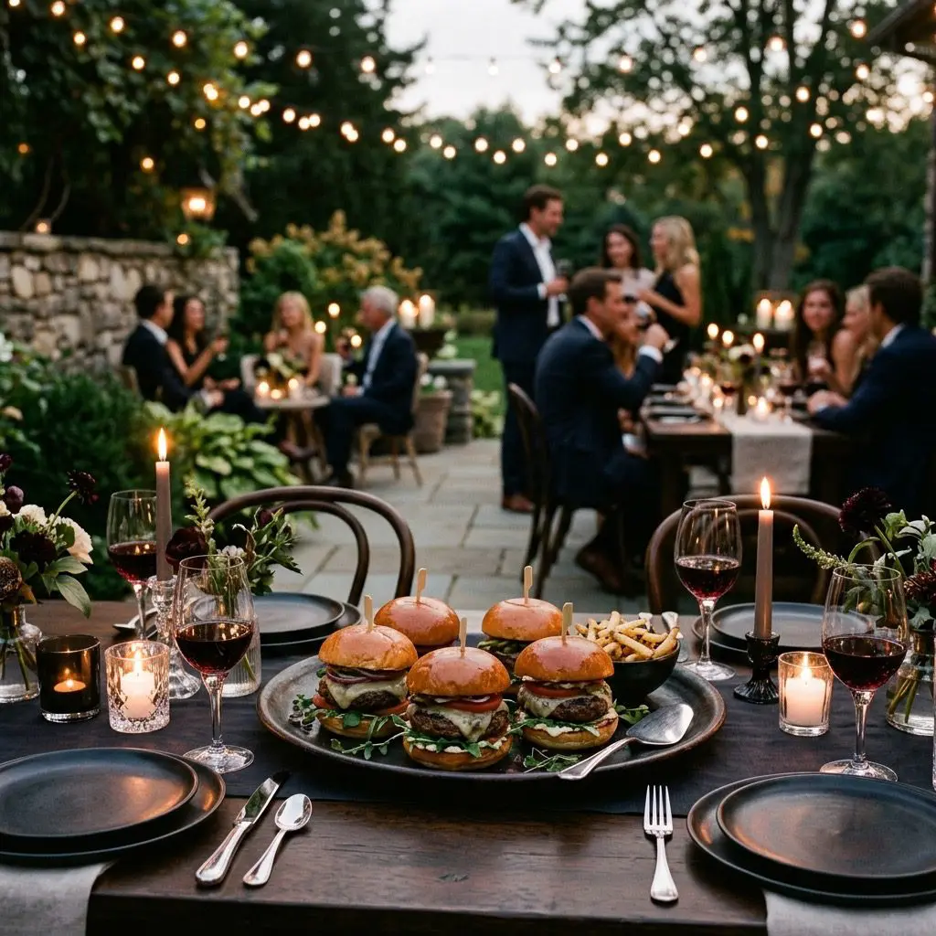 An elegant, formal evening outdoor dinner table setting featuring a platter of stunning, gourmet beef burgers in toasted brioche buns, with a sophisticated patio gathering in the background