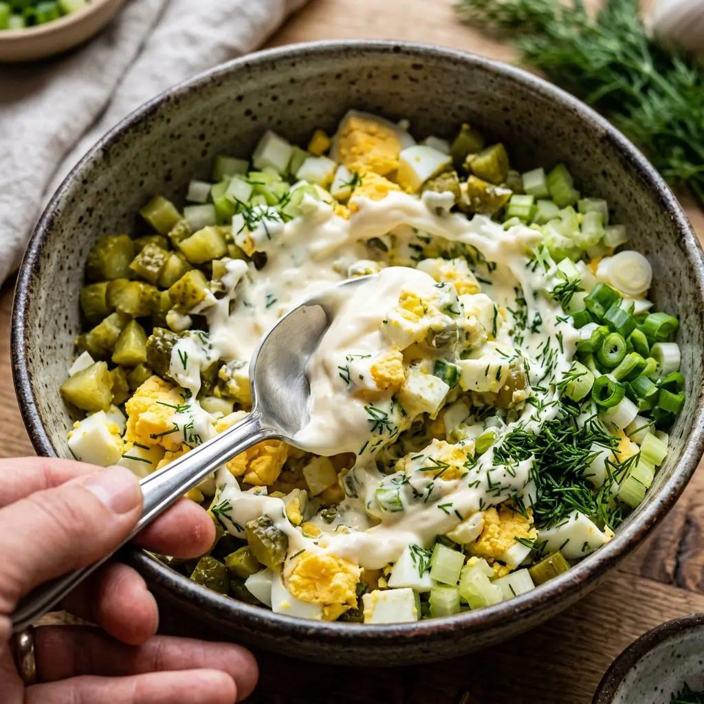 Extreme close-up action shot folding mayonnaise into chopped eggs, cornichons, celery, green onions, and fresh dill