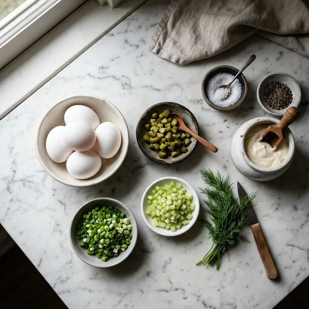 Overhead prep shot of eggs, cornichons, green onions, celery, fresh dill, mayonnaise, salt, and pepper