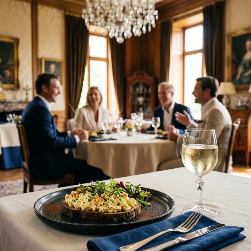 An elegant, formal luncheon table setting featuring an artisanal egg salad sandwich, with a dinner party in the background