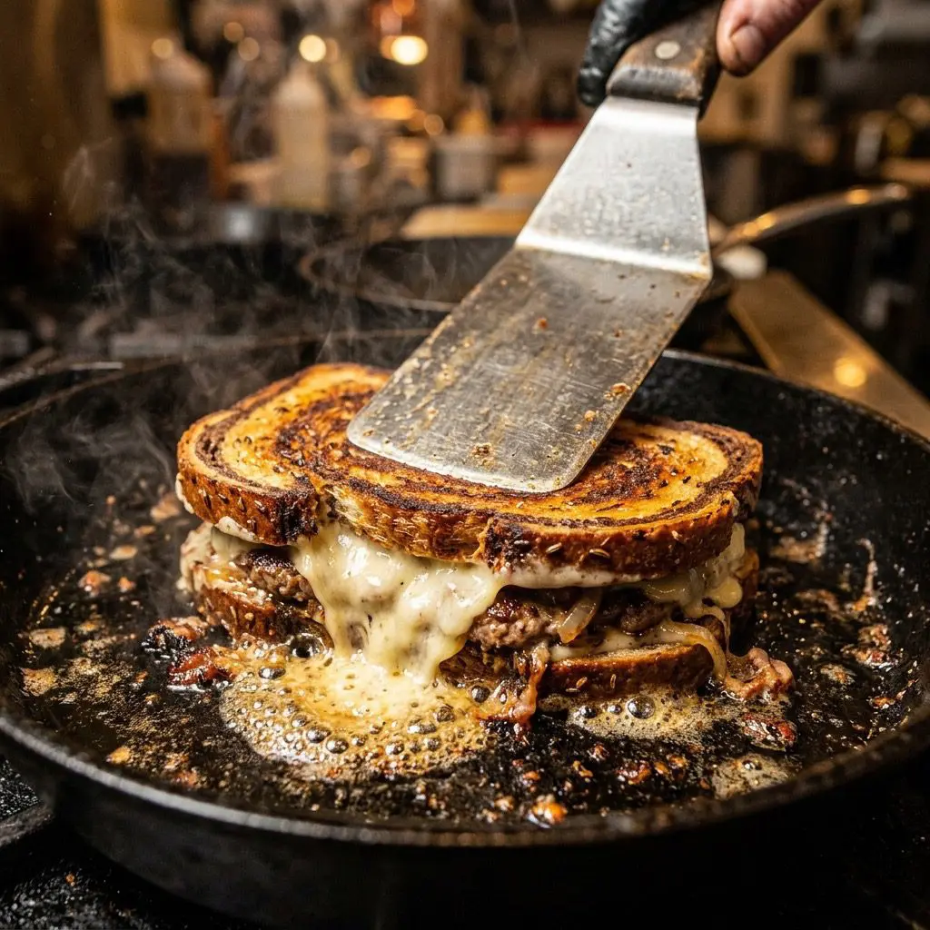 Extreme close-up action shot aggressively pressing down on a Patty Melt sandwich with a heavy metal spatula in a smoking hot cast-iron skillet, with melted Swiss cheese oozing out